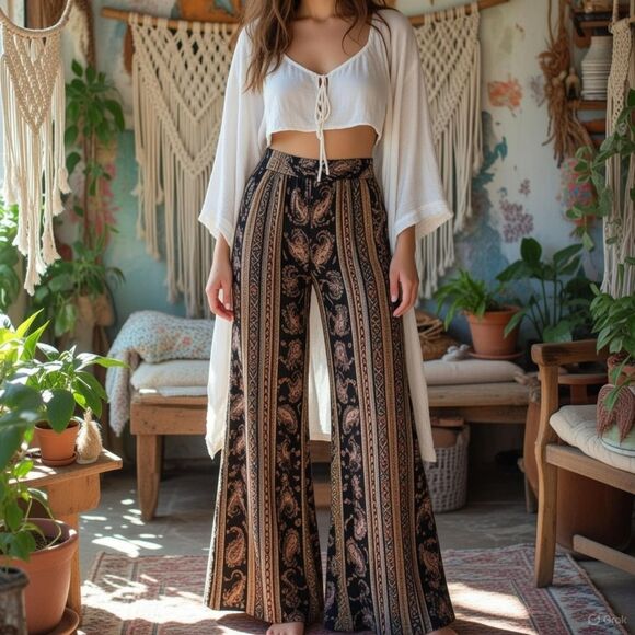 Mind Code Pants - Mind Code SMALL Flared Ankle Pants Black Brown BoHo Paisley Design High Waist